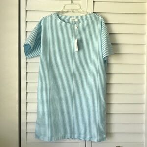 LA RELAXED Women's Woven Aqua Stripe Organic Cotton/Linen Dress NWT Size S